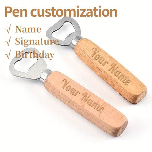 Custom engraved wooden beer bottle opener doubles as a keychain, great for holidays and parties. Personalize with name or logo.