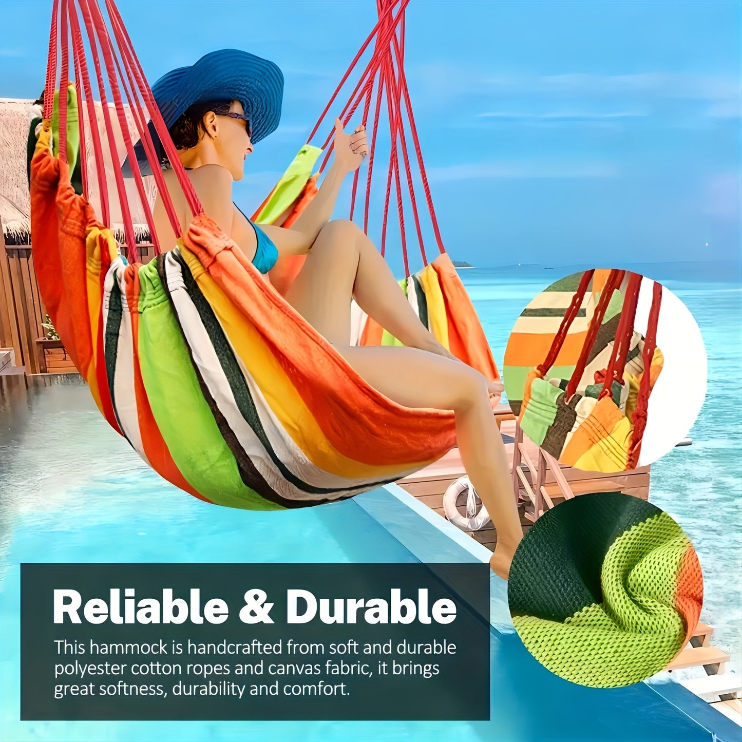 Durable, portable hammock chair with striped fabric ideal for outdoor camping and travel. Suitable for yard, balcony, and bedroom.