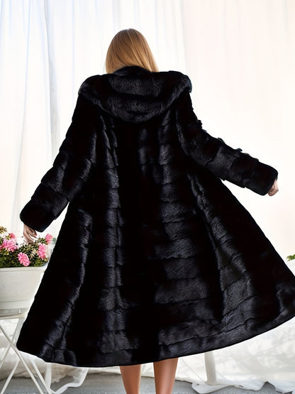 Women's winter coat made with faux sheepskin hood and imitation water mink fur, features a slimming fit, long hood, and plush black faux mink material for warmth.