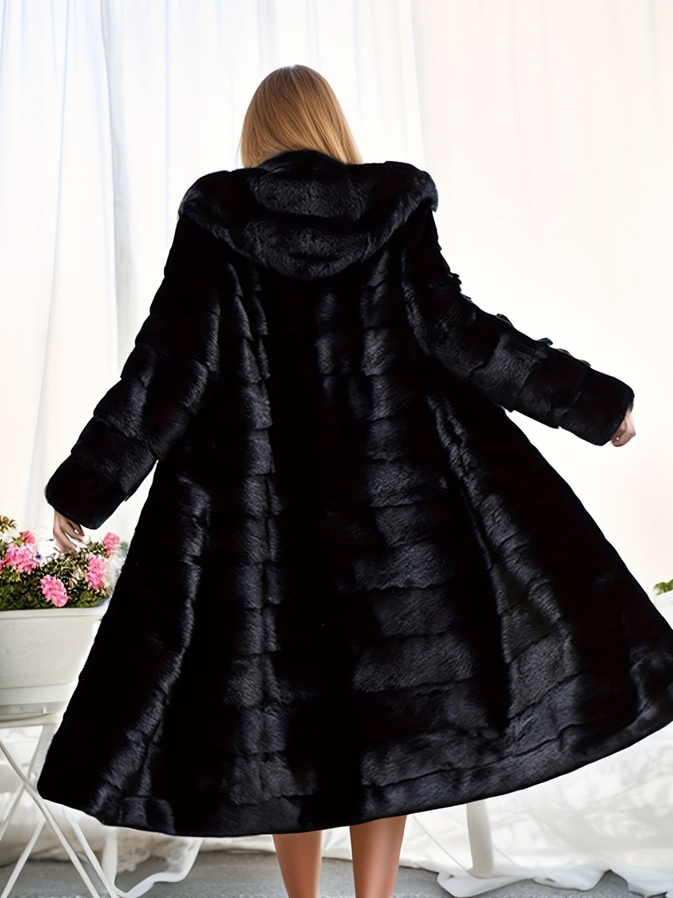 Plus size faux fur coat with pockets and hood, perfect for fall & winter.