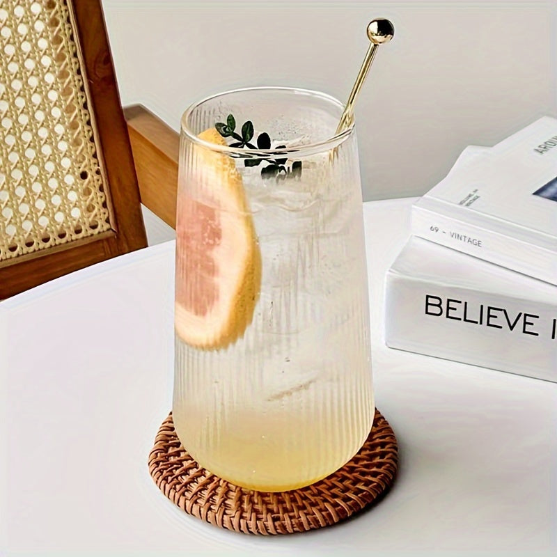 High-quality striped glass cup made of high borosilicate, ideal for various drinks in home, office, or restaurants.