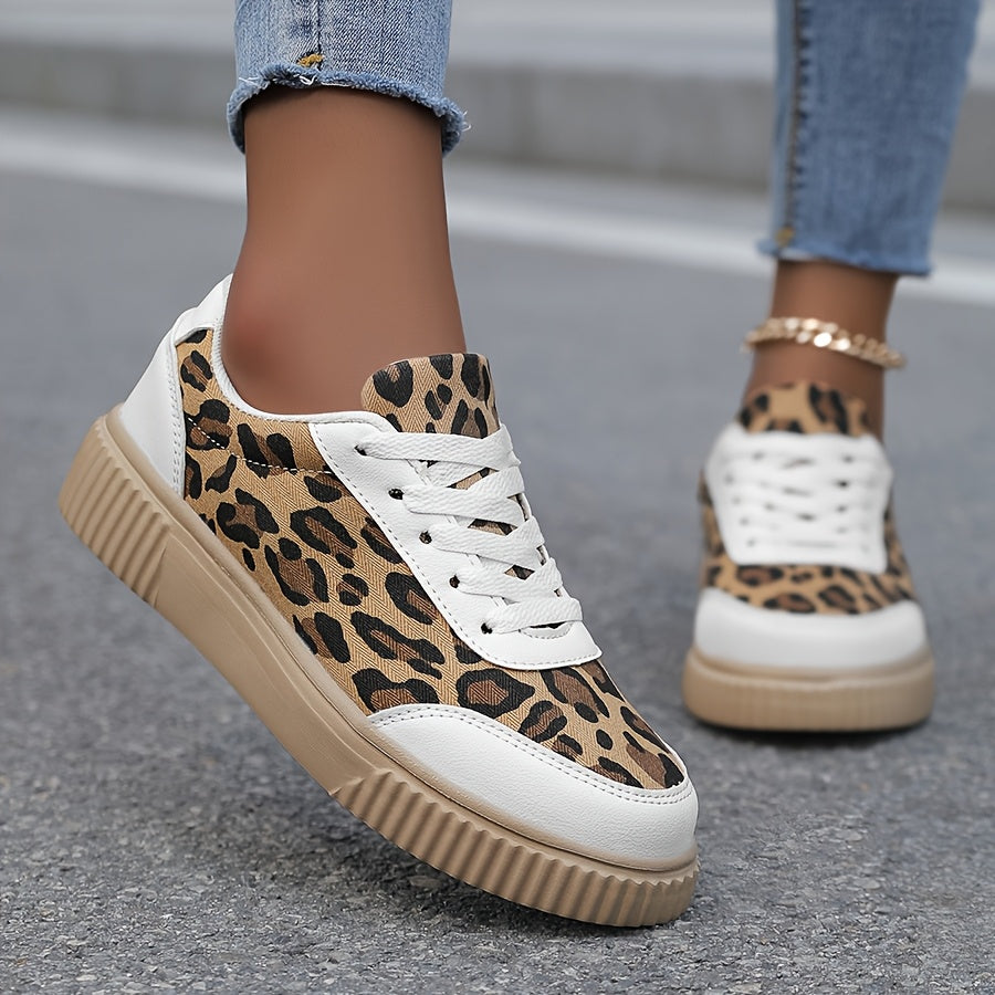 Women's Retro Leopard Print Sneakers - Casual Lace-Up, Stain-Resistant Low Tops with Comfortable EVA/Rubber Insole