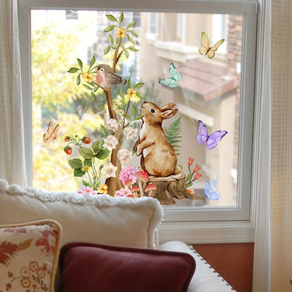 Decorate Your Home with Enchanting Forest Bunny & Bird Window Clings - Double-Sided, Reusable PVC Decals, 30.48cmx16