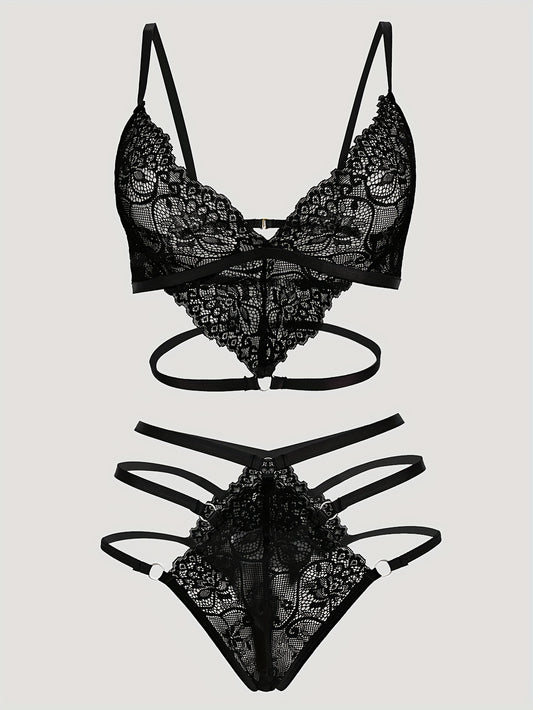 Lace lingerie set with plunge bra and high waist panties for sexy and comfortable wear.