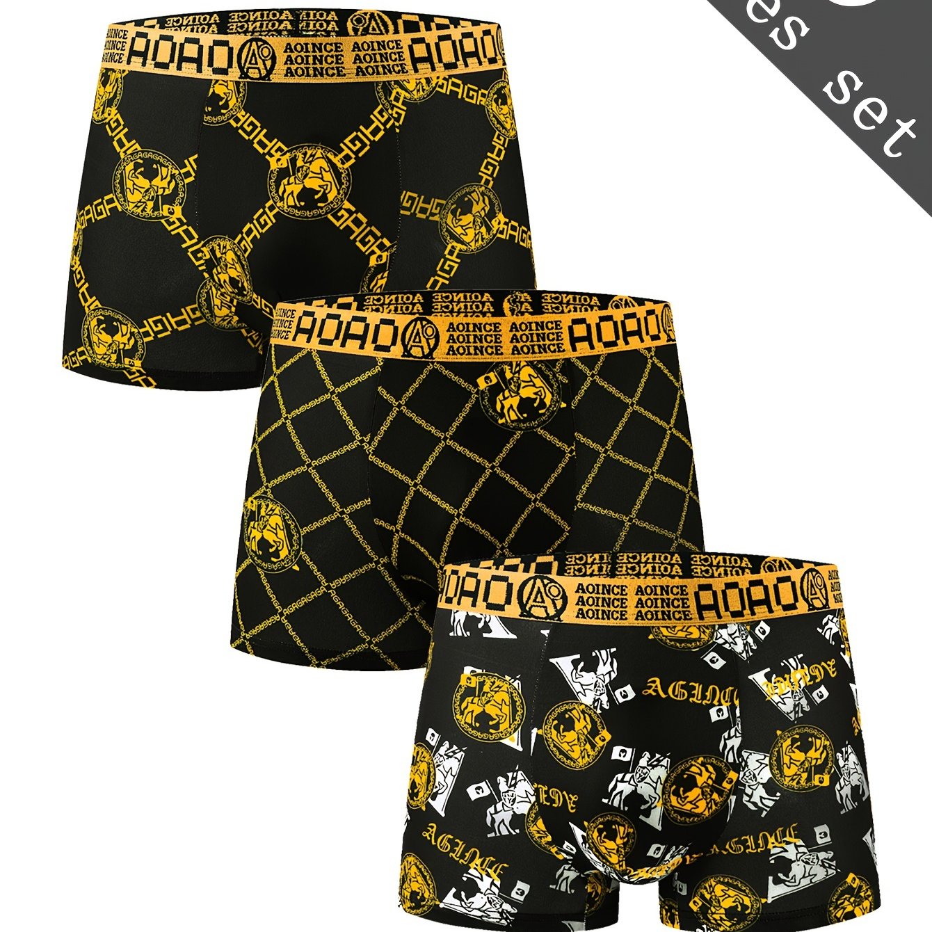 Set of 3 Men's stylish boxer briefs with black and golden chain print, quick-drying and breathable for sports.