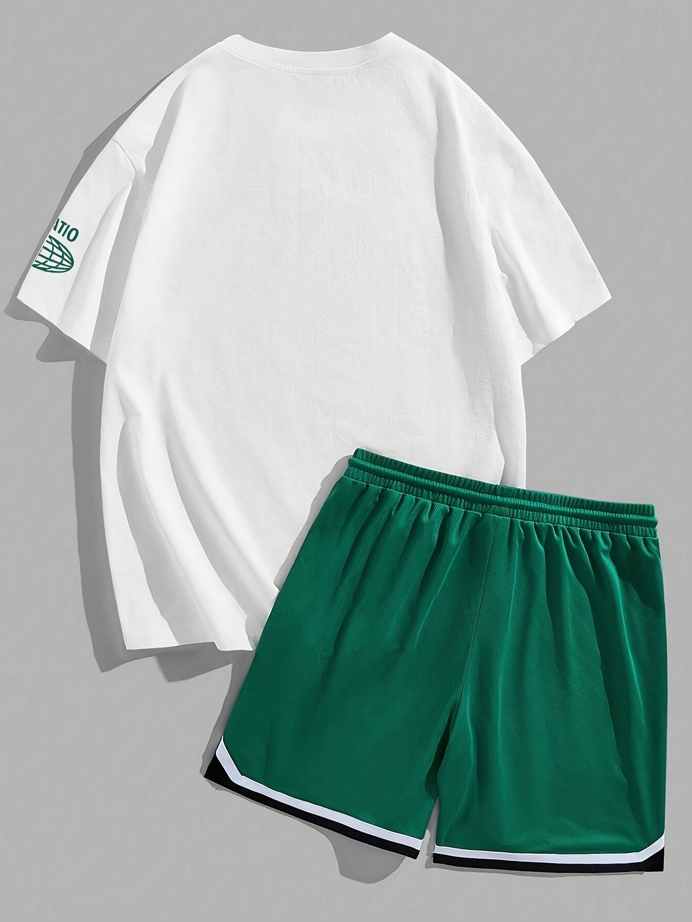 Men's basketball graphic print casual crew neck short sleeve t-shirt and shorts set for summer outdoor activities.