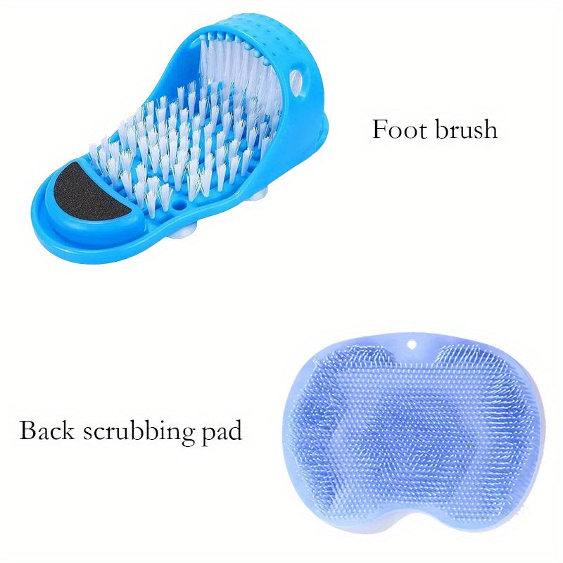 Set of 2 Ergonomic Shower Scrubbers - Includes Non-Slip Foot and Back Exfoliating Brushes with Suction Cups. Made from Durable Plastic, this Massage Pad is Suitable for Men and Women. It is Reusable, Soothes Foot Pain, Removes Calluses and is Ideal for