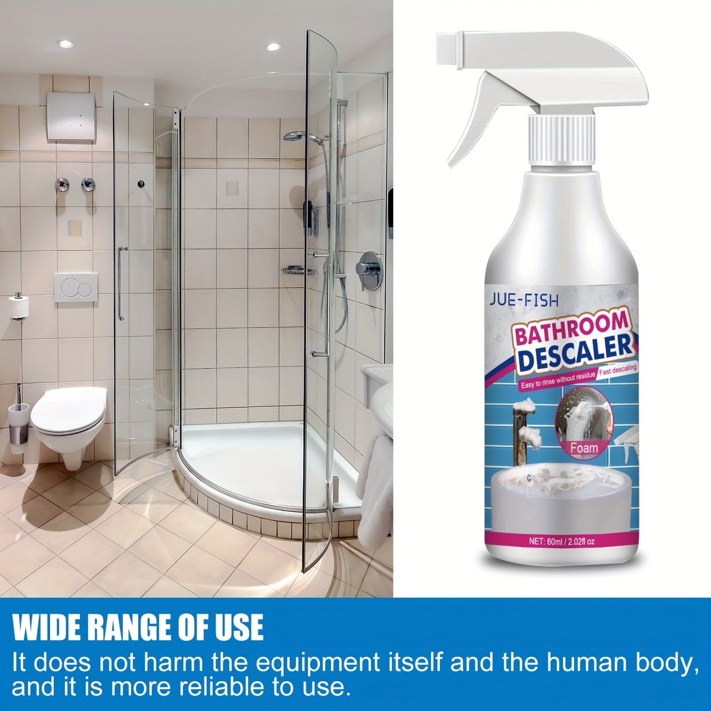 Keep your bathroom sparkling clean with JUE-FISH Foam Bathroom Descaler Spray! This special formula features Citral Ingredient for a residue-free finish on metal surfaces. Say goodbye to soap scum and grime on shower glass, stainless steel sinks, and