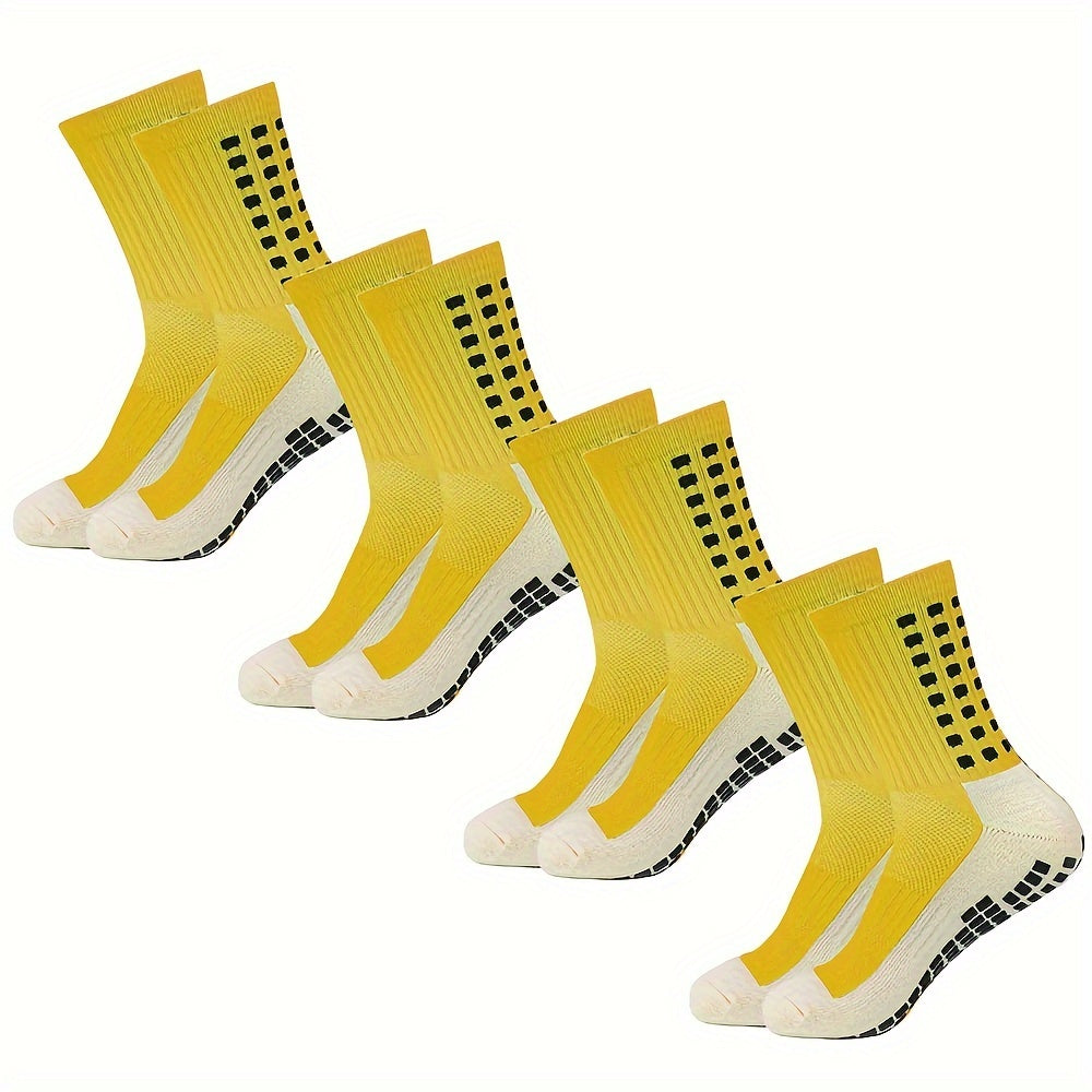 4 pairs of men's football socks made of knit polyester with terry bottom. Features include anti-smell, anti-slip, and wear-resistant properties. Machine washable and composed of 20% Spandex