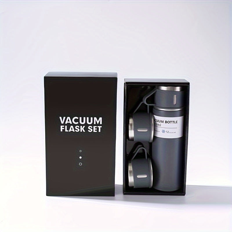 Stainless steel vacuum flask set with integrated cup, leakproof design, ideal for hot and cold beverages on the go.