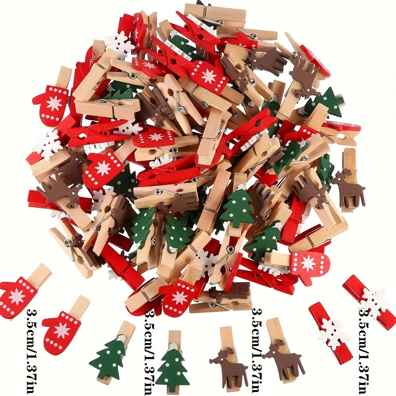 20-pack wooden Christmas clothespins for hanging photos and embellishing weddings. Decorative clip set with holiday shapes for parties, birthdays, and home decor. Features Christmas trees, gloves, reindeers, and snowflakes. Hanging attachments included