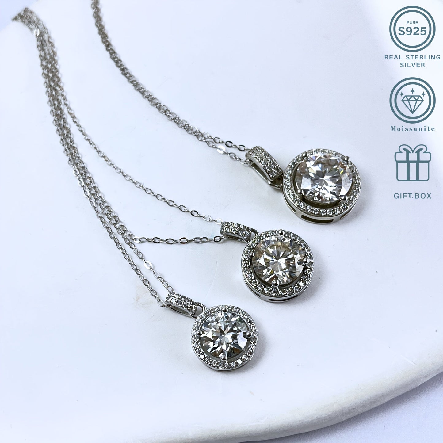 Vintage Boho Style 925 Sterling Silver Double Row Luxury Round Pendant Necklace with Moissanite, perfect for everyday wear and gifting. Ideal for Halloween, Valentine's, Christmas, proposals, engagements, weddings, and anniversaries. Comes with