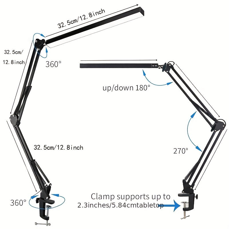 1pc LED desk lamp with 3 lighting modes, metal swing arm, clamp, 10 brightness levels, memory function, great for dorms, studios, and reading.