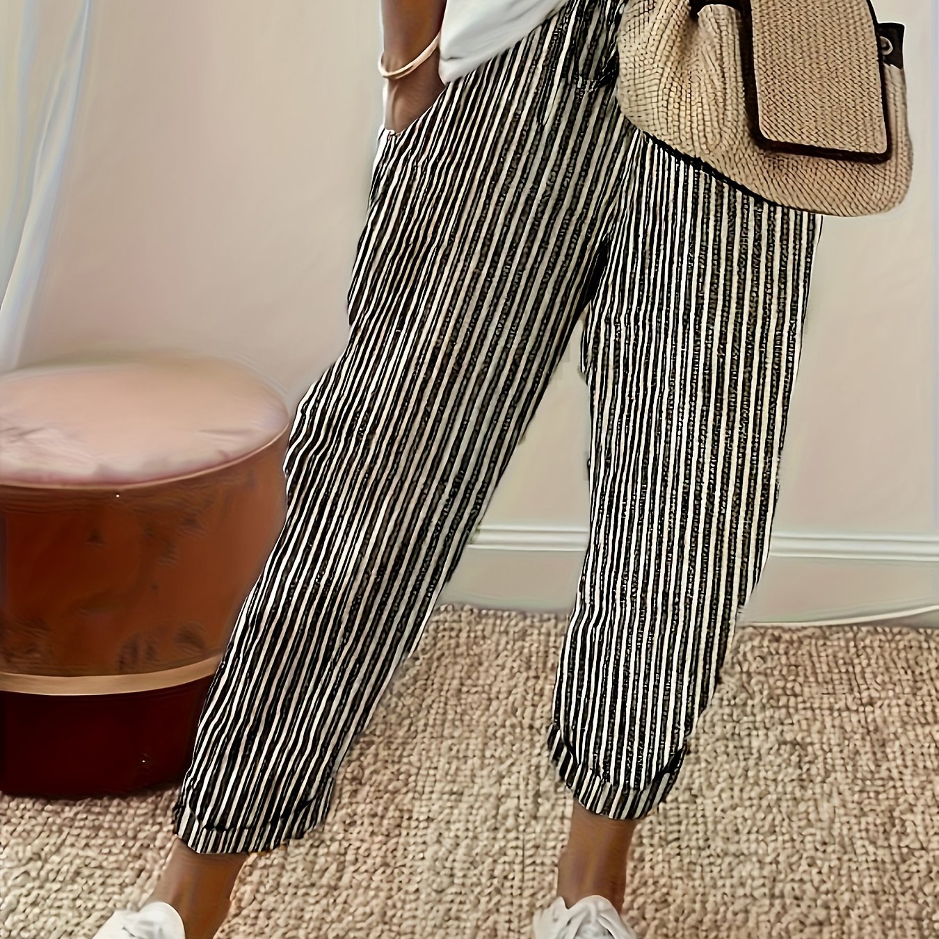 Plus Size Stripe Pattern Pocket Pants for Spring and Summer, featuring Casual Elastic Waist and designed for Women's Plus Size Clothing.