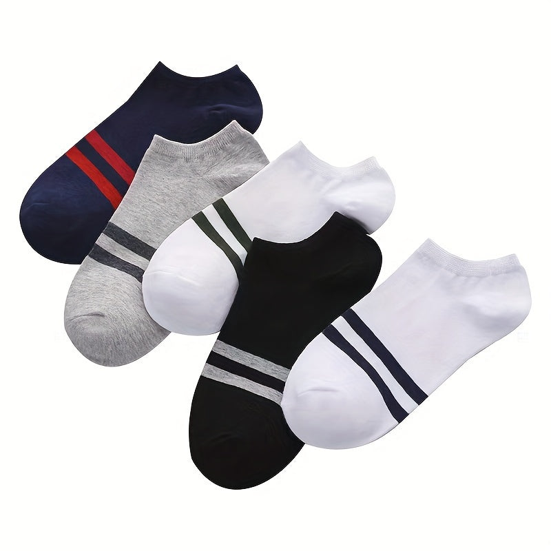 5 pairs of men's low-cut athletic socks in white, navy blue, black, gray, and light green, designed for breathability and moisture-wicking in spring and summer.