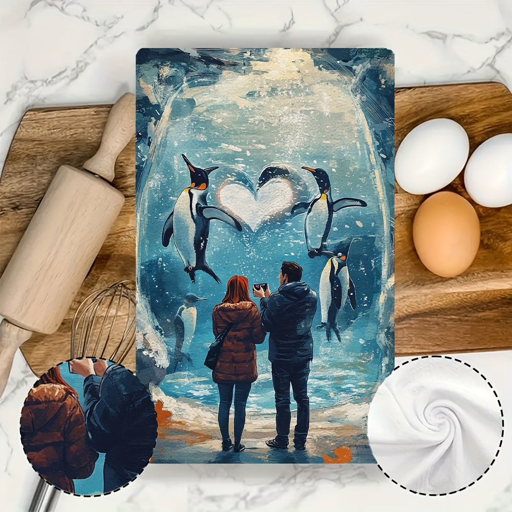 These ultra-soft kitchen towels showcase an adorable illustration of a couple having a great time at the zoo, admiring cute animals. Their favorite spot is by the penguin exhibit, where the penguins are swimming in a heart formation. The couple can't