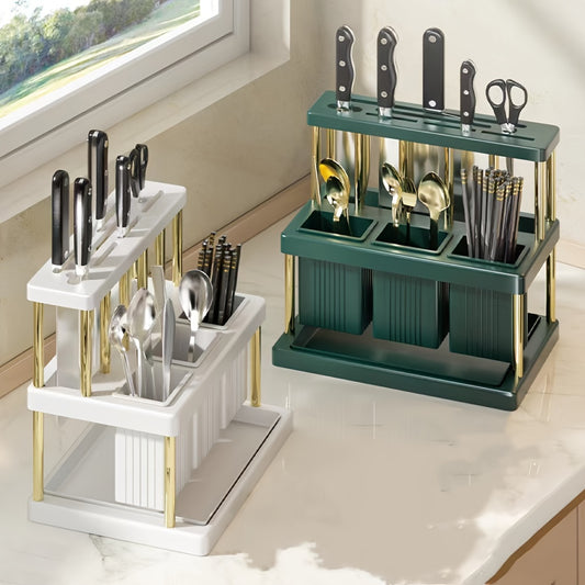 Storage rack for kitchen knives, chopsticks tube, and integrated storage box for restaurant kitchen knives.