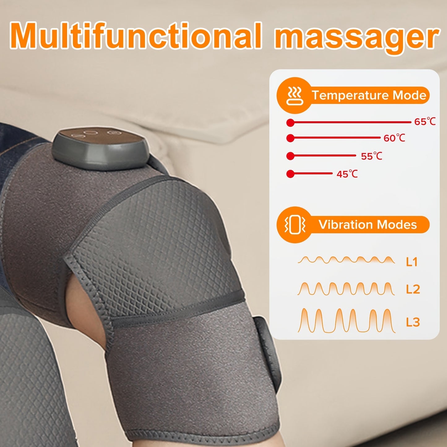 Adjustable heat and vibration knee and leg massager, rechargeable via USB, suitable for multiple body parts.