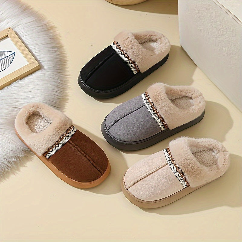 Women's cozy slippers with plush lining, non-slip EVA sole, soft fabric, casual style, hand wash only, solid color, all-season wear, no print.