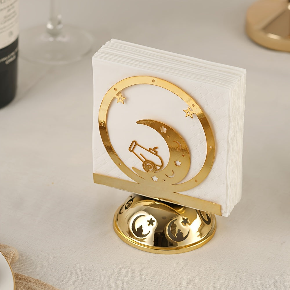 Elevate Your Dining Table Decor with a Stunning Seasonal Napkin Holder Featuring a Crescent Moon Design in Gold Plated Metal - A Sophisticated Standing Tissue Dispenser Ideal for Celebrating Christmas, Halloween, Easter, Hanukkah, and Thanksgiving