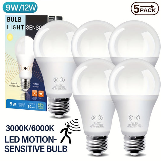 5 LED motion sensor bulbs available in 9W/12W, 3000K/6000K options with 1200LM brightness. Ideal for stairs, hallways, garages, and corridors. 2-year warranty included.