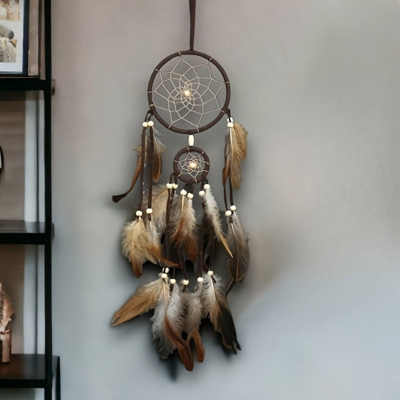 Brown feathered Boho Indian Dream Catcher, 1pc. Fabric wall hanging for wedding decor, bedroom accessory. Wind chime design, no electricity required.