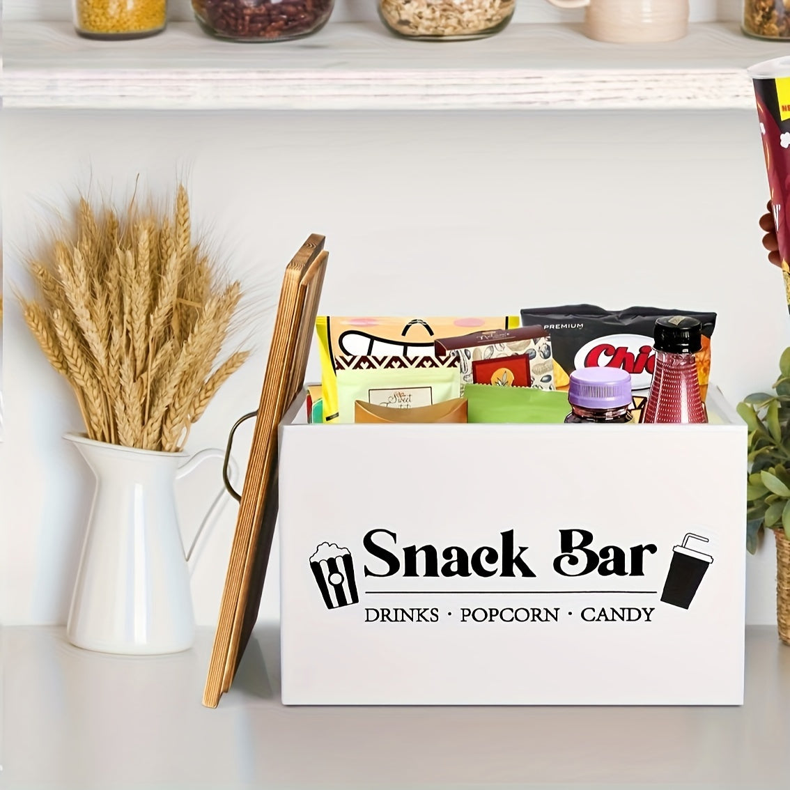 Wooden snack organizer with handles for kitchen, pantry, and countertop storage. Ideal for organizing chips, candy, and drinks.