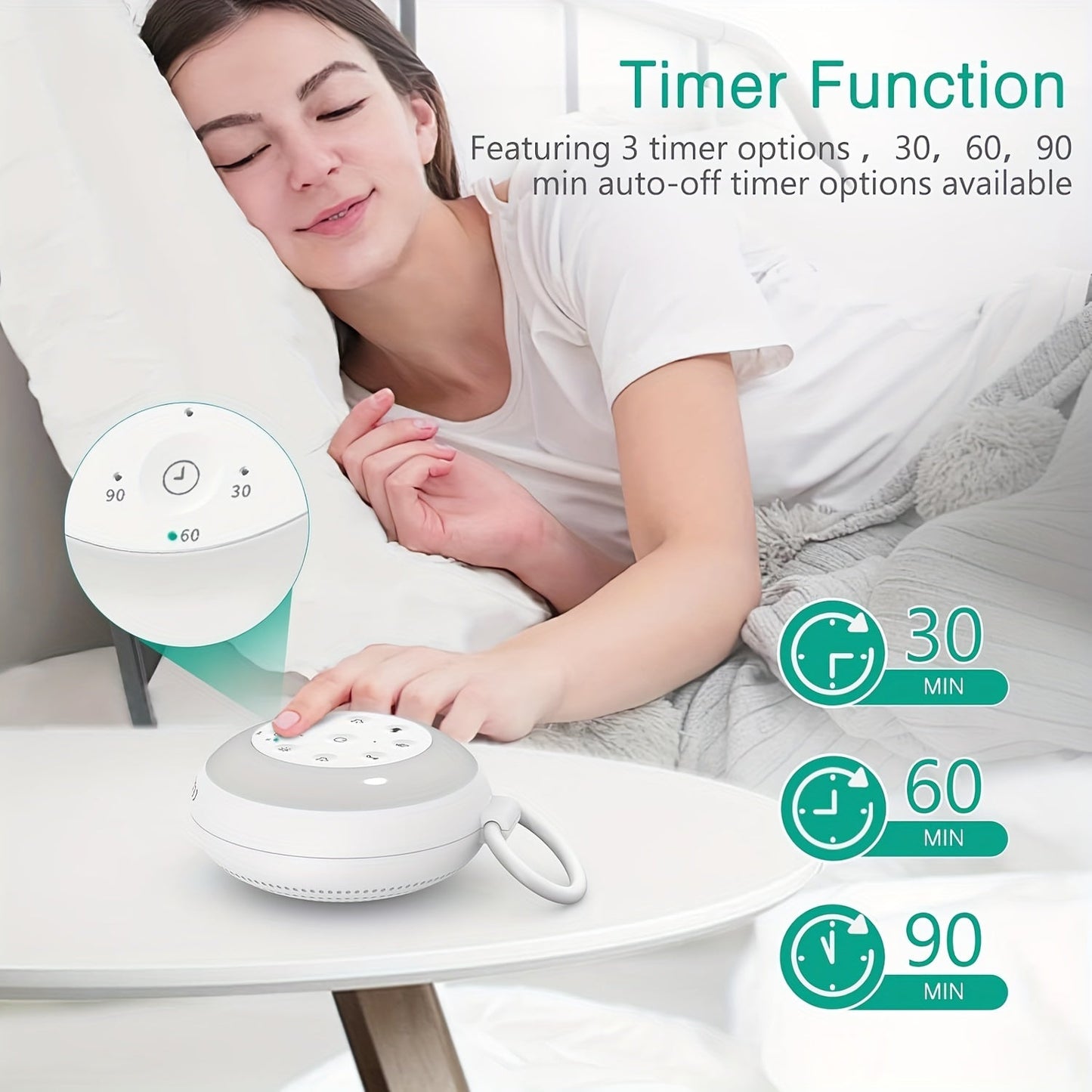 White Noise Sound Machine SA18 features 24 soothing sounds, a customizable night light, and a convenient travel hook - perfect for relaxation and children.