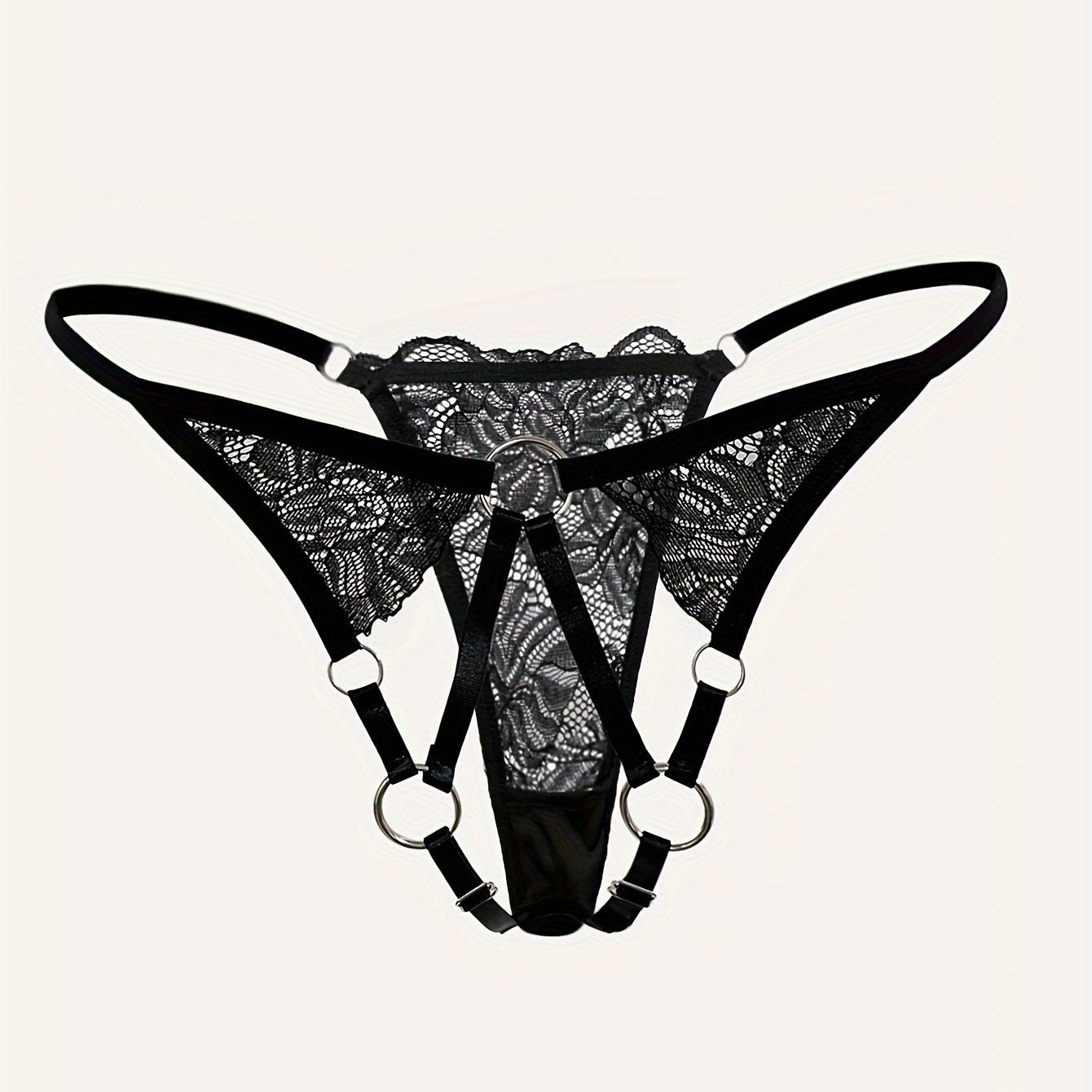 Lace thong with metal ring and see-through design