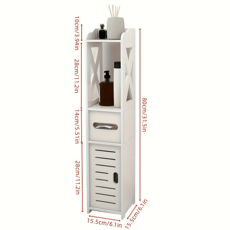 White bathroom storage cabinet with doors and shelves, freestanding toilet furniture with paper holder.