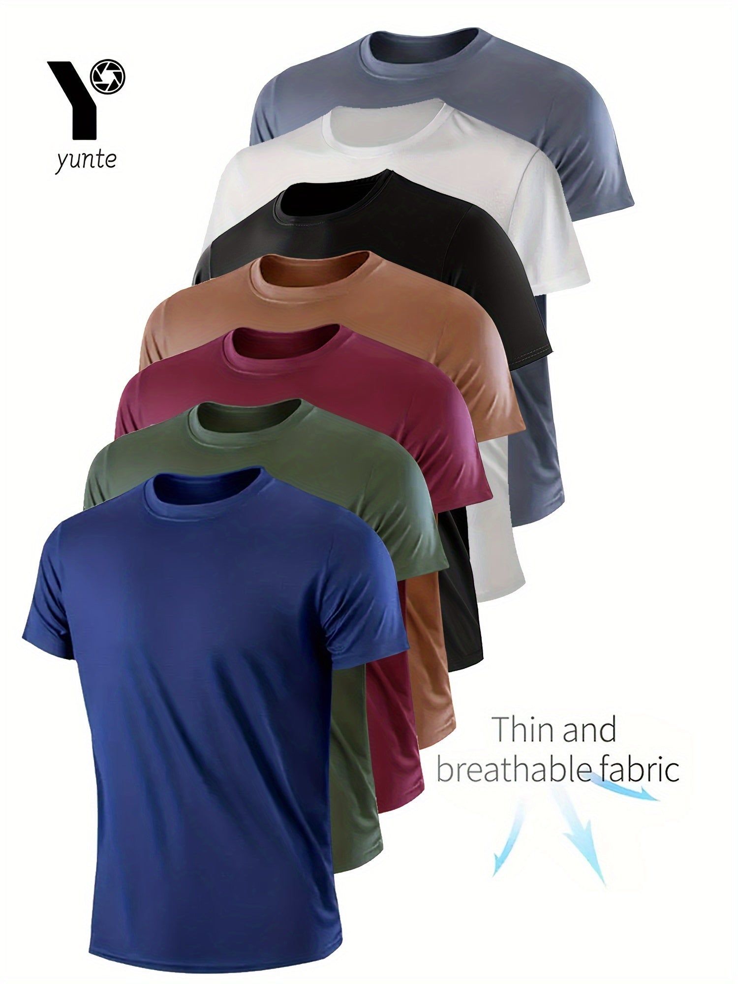 7 Yunte Men's Athletic T-Shirts in assorted colors with quick-dry, breathable, and moisture-wicking fabric. Perfect for gym, running, and fitness with a lightweight and comfortable design.