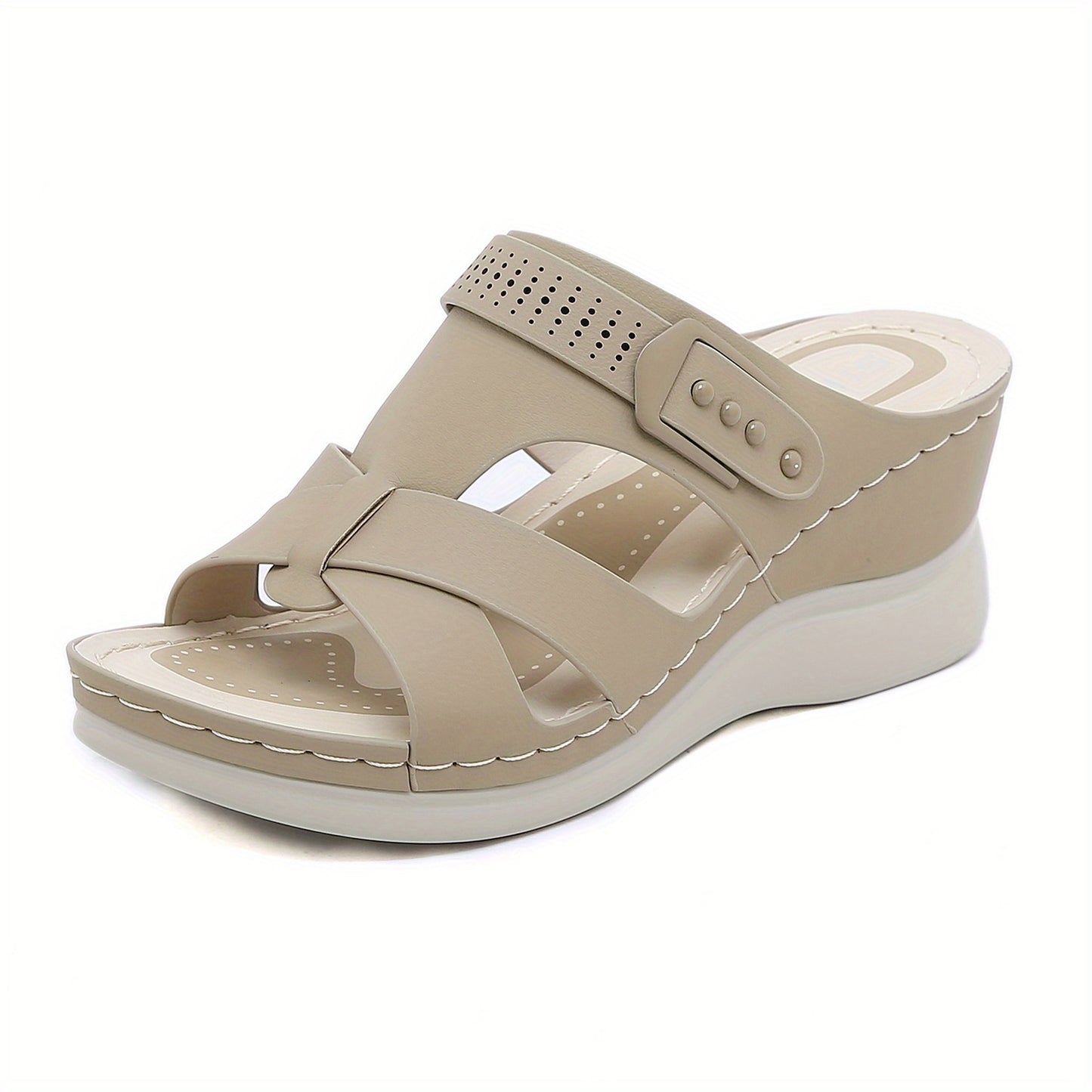 Women's wedge slide sandals with open toe cross strap, slip-on design for casual outdoor wear.