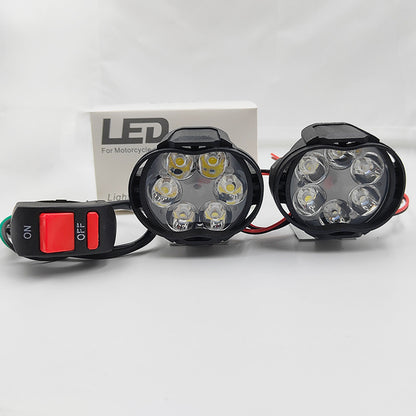 2 motorcycle lights with switch, LED motorbike lamp with 6 LEDs emitting 6500K white light and 1200LM brightness, plus 1 switch.