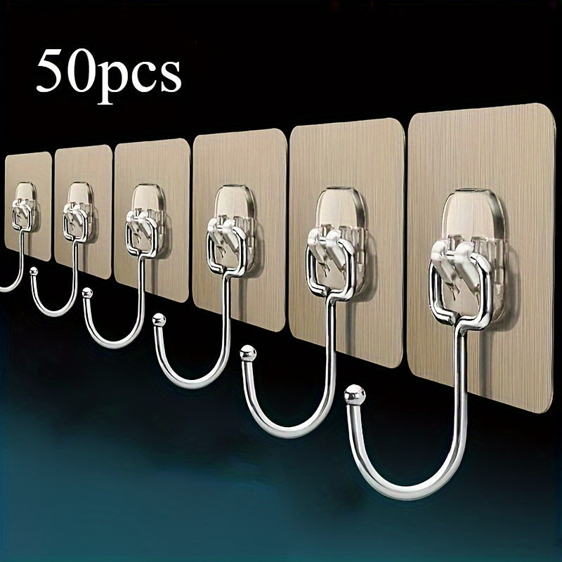 Ultra-Strong Adhesive Wall Hooks available in packs of 5, 10, 20, 30, and 50. Transparent, reusable, punch-free design suitable for bathroom and kitchen use. Waterproof and oilproof