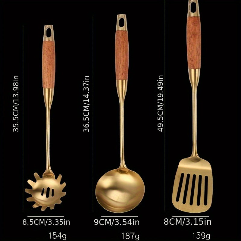 Luxurious Set of 6 Golden Stainless Steel Kitchen Utensils - Features Spatula, Ladle, Slotted Turner & More - Great for Cooking, Baking & Serving - Perfect Holiday Gift Idea