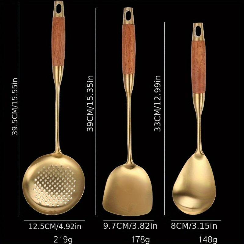 Luxurious Set of 6 Golden Stainless Steel Kitchen Utensils - Features Spatula, Ladle, Slotted Turner & More - Great for Cooking, Baking & Serving - Perfect Holiday Gift Idea