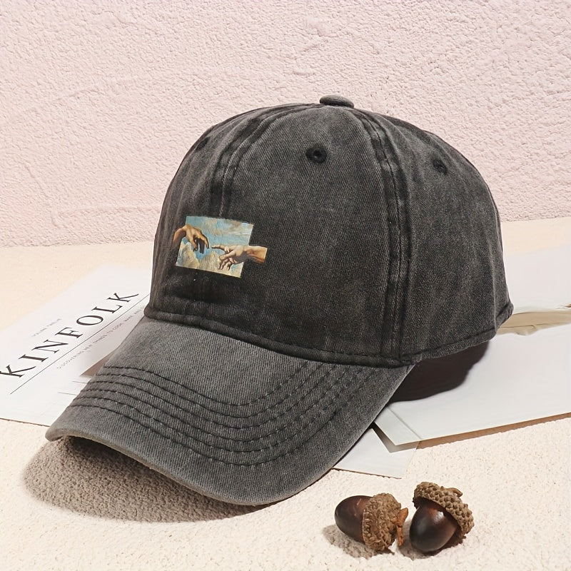 Vintage oil painting print baseball cap made of breathable polyester with casual embroidery. Features a flag theme, adjustable fit, and is hand washable.