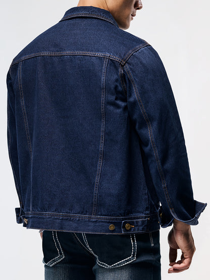 Men's Denim Jacket - Long Sleeve with Flap Pockets, Machine Washable