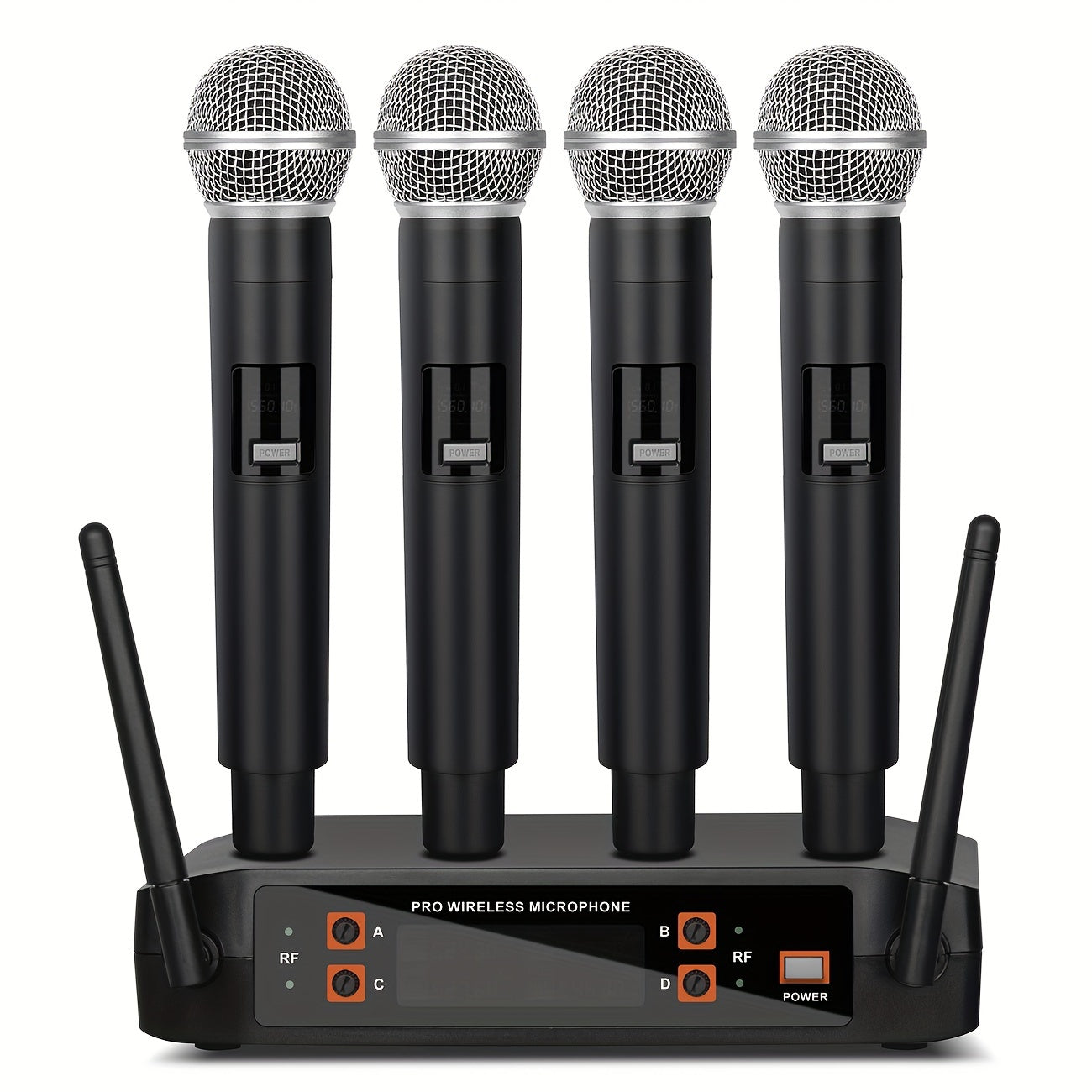 DEPSUHENG DX4 Professional Microphone System - 4-channel handheld karaoke set with battery indicator and 6.35mm jack for various uses.