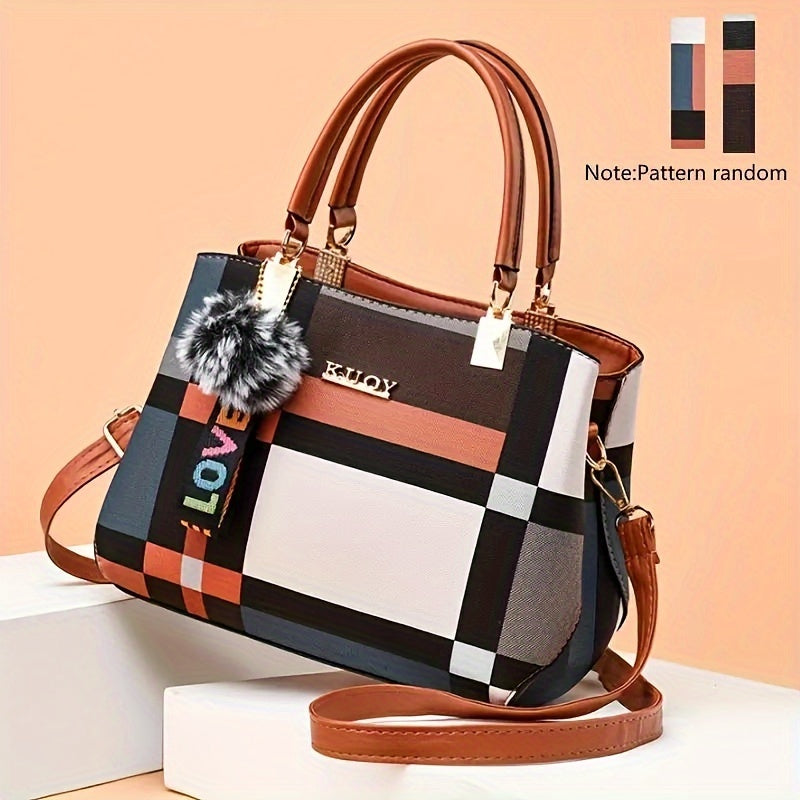 Stylish grid patterned shoulder bag with magnetic closure, ideal for formal events, work, or school.