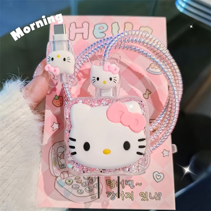 Sanrio Hello Kitty Pink Charger and Cable Protector Set - High-Quality, Battery-Free Design Compatible with Apple 18W/20W Adapters, Includes Sparkling Rhinestone Cable, Clear Charger Case