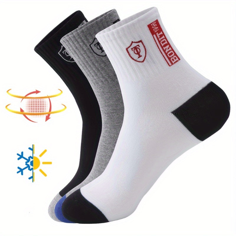 6 pairs of men's cotton sports socks with embroidered sweat-wicking knit fabric. Machine washable. Mixed colors. Unboxed.