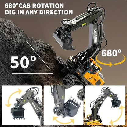 11-channel yellow remote control excavator toy for children aged 6-12. Durable metal construction with sand play capability. Includes rechargeable battery. Perfect outdoor engineering