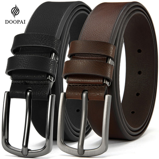 2 DOOPAI Men's Genuine Leather Belts - Adjustable 3.17cm Width, Classic Square Buckle, Ideal for Jeans & Dress Pants, Includes Gift Box - Black & Brown