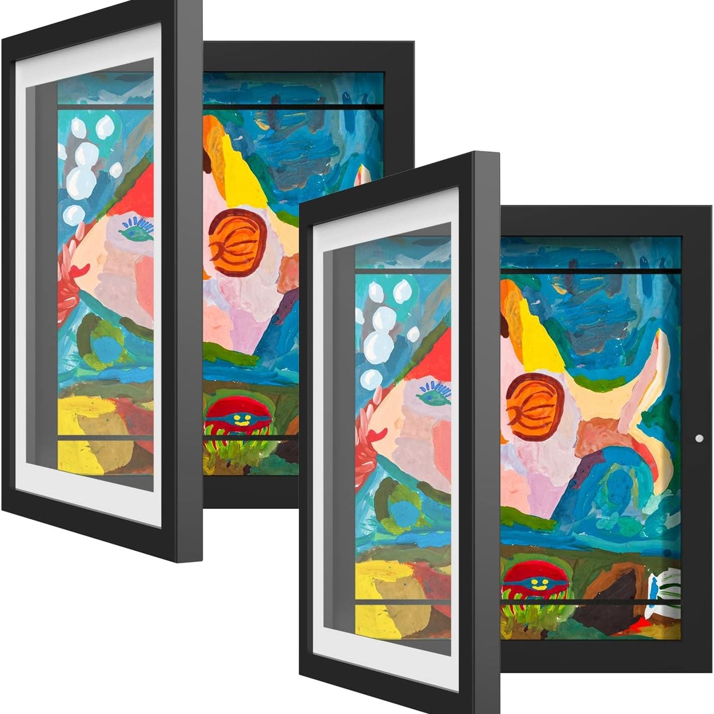 2 art frames for interchangeable artwork display, with front opening and horizontal/vertical formats, with or without mat.