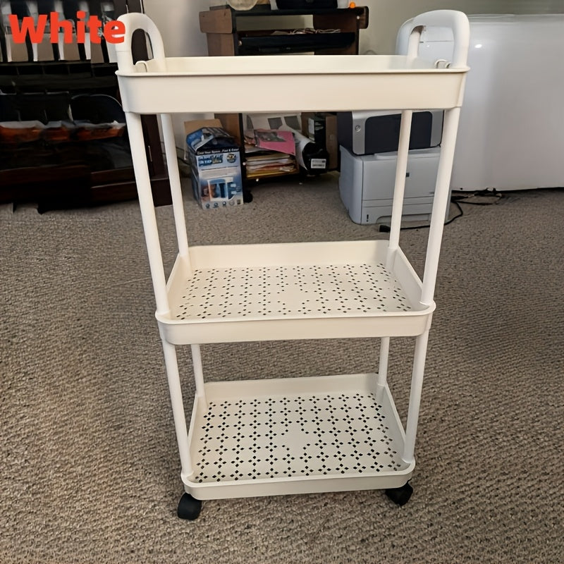 Multifunctional Plastic Storage Cart Organizer with Wheels - No Assembly Needed! Ideal for Kitchen, Bathroom, or Bedroom Use.