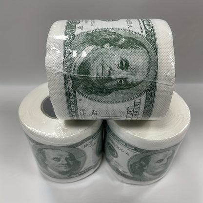 A humorous $100 bill toilet paper roll featuring money pattern design. Made of wood pulp paper tissue, this novel gift is perfect for household cleaning supplies, party supplies, party decor, home decor, or as a unique holiday gift.