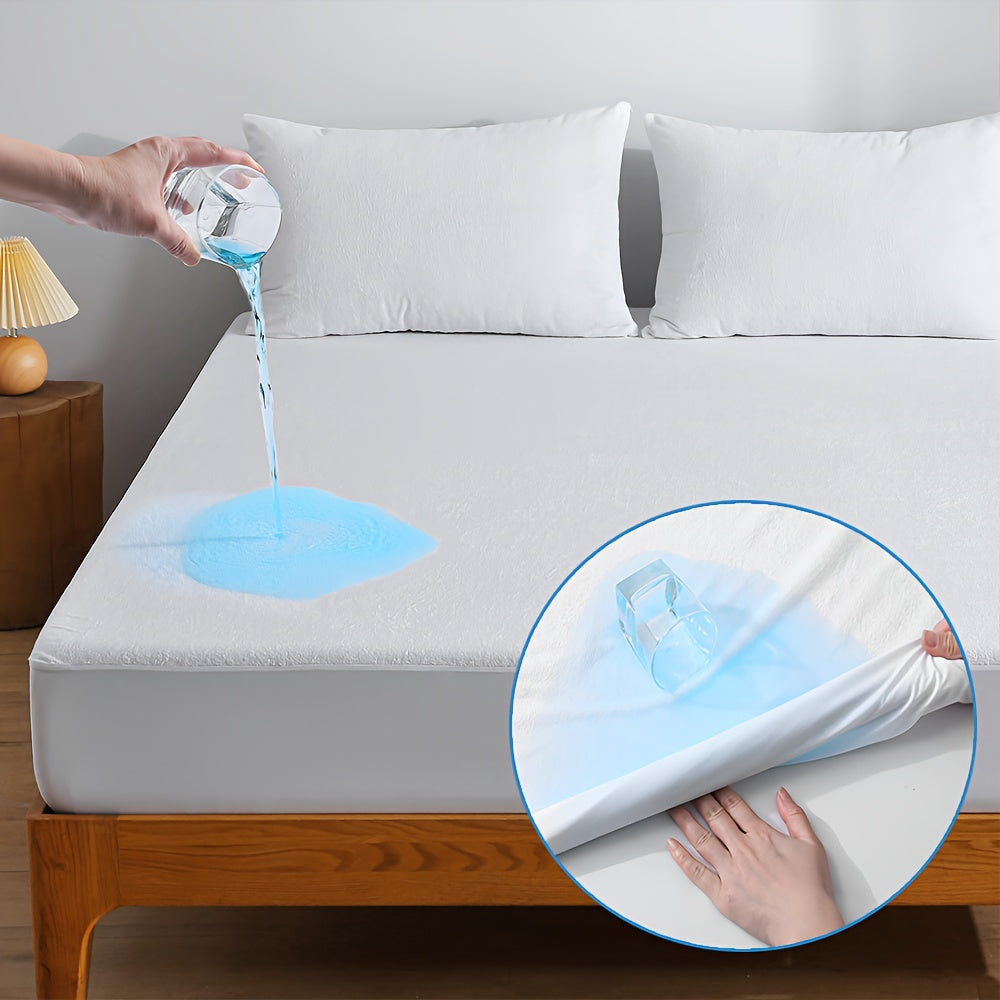 Protect your mattress with the 1pc Ultra-Soft and Breathable Microfiber Terry Mattress Protector. It features a 100% Waterproof and Noiseless TPU Layer, a Knit Fitted Sheet with Deep Pockets, and is Easy Care and Machine Washable. Perfect for Hotel and