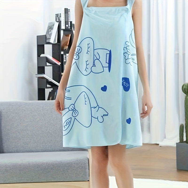 Cartoon rabbit love bath towel for women, with chest sling for easy wear. Made of fade-resistant, absorbent polyester. Soft, quick-dry, and contemporary style.