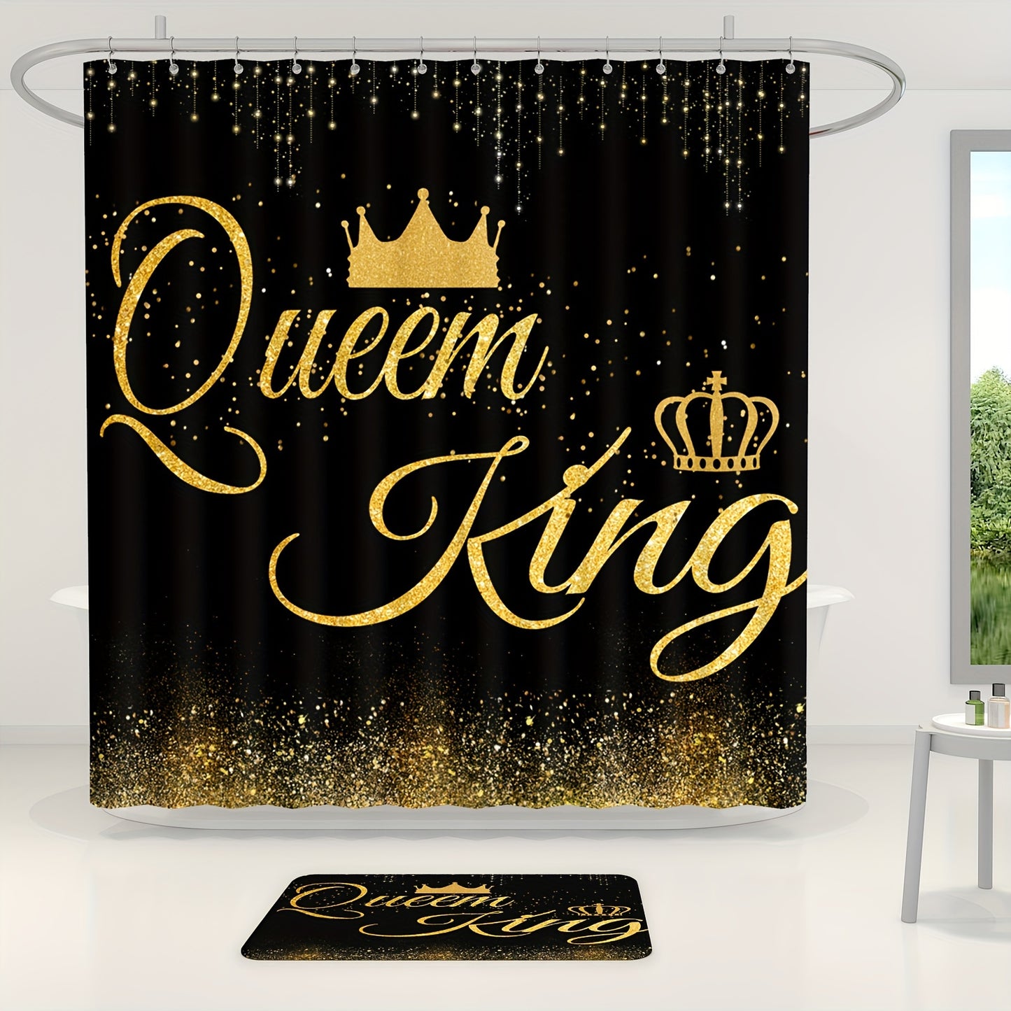 Royal shower curtain set with hooks, bathroom rugs, and crown motif design. Water-resistant polyester, machine washable. Includes non-slip U-shaped mat and toilet lid cover.